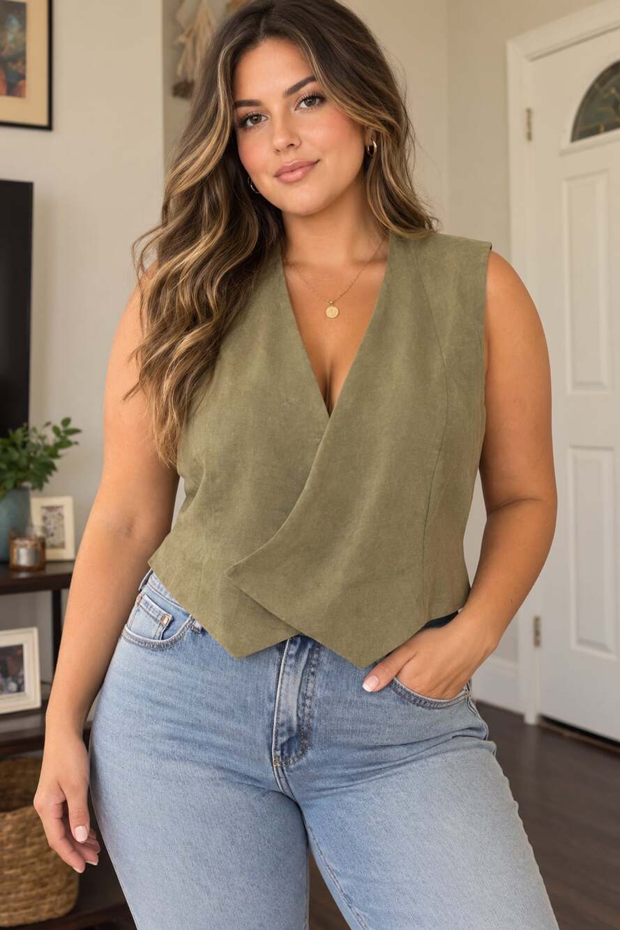 Mulla Sage Green Linen-Blend Wrap Vest Size L